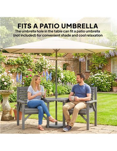 Outsunny Wooden Garden Bistro Set, 2 Seater Wooden Outdoor Table and Chairs with Parasol Hole for Patio, Light Grey