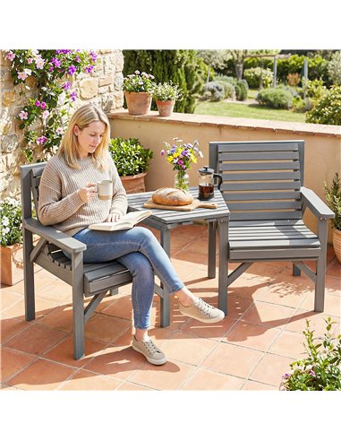 Outsunny Wooden Garden Bistro Set, 2 Seater Wooden Outdoor Table and Chairs with Parasol Hole for Patio, Light Grey
