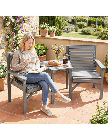 Outsunny Wooden Garden Bistro Set, 2 Seater Wooden Outdoor Table and Chairs with Parasol Hole for Patio, Light Grey - pic 198464 | FastDaddyshop