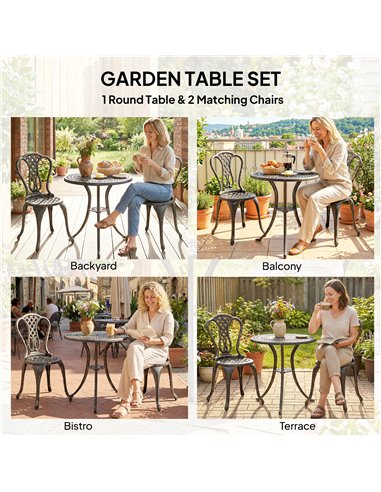 Outsunny Outdoor Bistro Set for 2 Cast Aluminium Patio Furniture with Round Table Umbrella Hole Brown