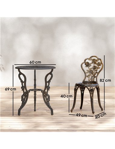 Outsunny Outdoor Bistro Set Vintage Rose Design Patio Furniture Set with Round Table and 2 Chairs Metallic Finish
