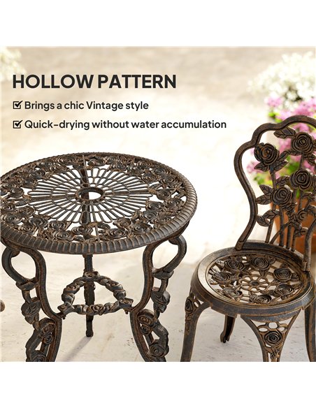 Outsunny Outdoor Bistro Set Vintage Rose Design Patio Furniture Set with Round Table and 2 Chairs Metallic Finish - pic 198479 | FastDaddyshop