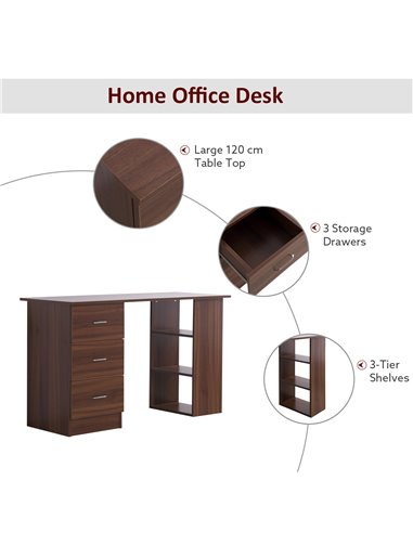 HOMCOM 120cm Computer Desk Writing Table PC Workstation Study Stationery w/ 3 Shelf & Drawers for Home Office Walnut