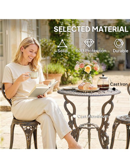 Outsunny Outdoor Bistro Set Vintage Rose Design Patio Furniture Set with Round Table and 2 Chairs Metallic Finish - pic 198480 | FastDaddyshop