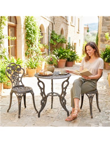 Outsunny Outdoor Bistro Set Vintage Rose Design Patio Furniture Set with Round Table and 2 Chairs Metallic Finish