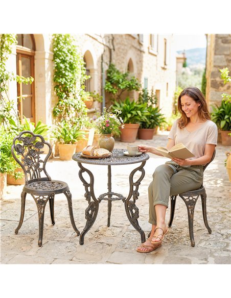 Outsunny Outdoor Bistro Set Vintage Rose Design Patio Furniture Set with Round Table and 2 Chairs Metallic Finish - pic 198481 | FastDaddyshop