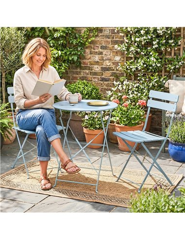 Outsunny Folding Garden Bistro Set, Outdoor Round Bistro Table and Chairs Set 2 with Electrophoresis Metal Frame, Light Blue