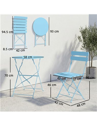 Outsunny Folding Garden Bistro Set, Outdoor Round Bistro Table and Chairs Set 2 with Electrophoresis Metal Frame, Light Blue