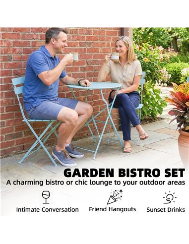 Outsunny Folding Garden Bistro Set, Outdoor Round Bistro Table and Chairs Set 2 with Electrophoresis Metal Frame, Light Blue