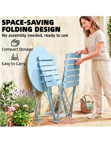Outsunny Folding Garden Bistro Set, Outdoor Round Bistro Table and Chairs Set 2 with Electrophoresis Metal Frame, Light Blue