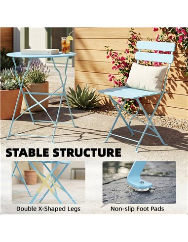 Outsunny Folding Garden Bistro Set, Outdoor Round Bistro Table and Chairs Set 2 with Electrophoresis Metal Frame, Light Blue