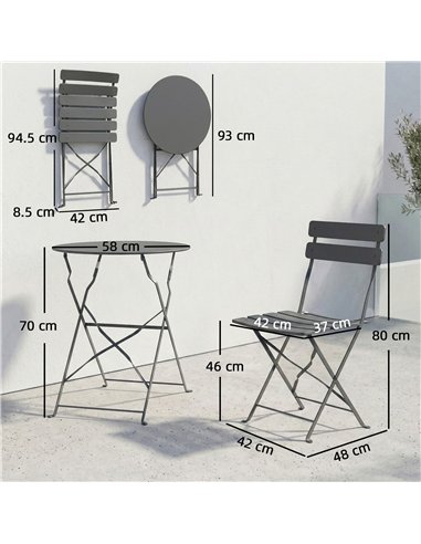 Outsunny Folding Garden Bistro Set, Outdoor Round Bistro Table and Chairs Set 2 with Electrophoresis Metal Frame, Grey