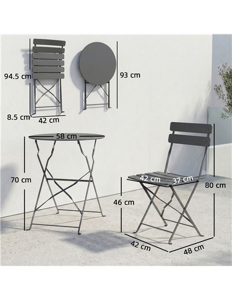 Outsunny Folding Garden Bistro Set, Outdoor Round Bistro Table and Chairs Set 2 with Electrophoresis Metal Frame, Grey - pic 198513 | FastDaddyshop