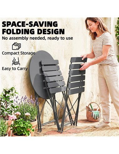 Outsunny Folding Garden Bistro Set, Outdoor Round Bistro Table and Chairs Set 2 with Electrophoresis Metal Frame, Grey
