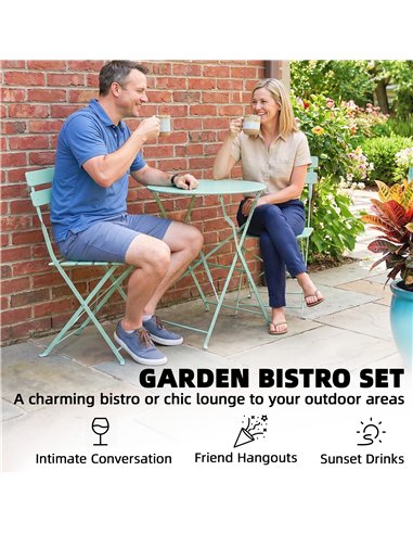 Outsunny Folding Garden Bistro Set, Outdoor Round Bistro Table and Chairs Set 2 with Electrophoresis Metal Frame, Light Green