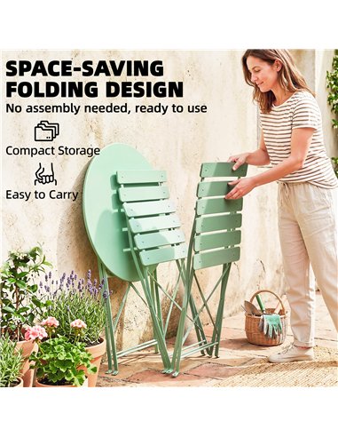 Outsunny Folding Garden Bistro Set, Outdoor Round Bistro Table and Chairs Set 2 with Electrophoresis Metal Frame, Light Green