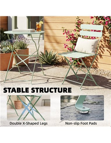 Outsunny Folding Garden Bistro Set, Outdoor Round Bistro Table and Chairs Set 2 with Electrophoresis Metal Frame, Light Green