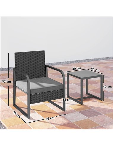Outsunny Rattan Bistro Set, 3 Piece Garden Furniture Set with Cushions and Glass Top Table, Black