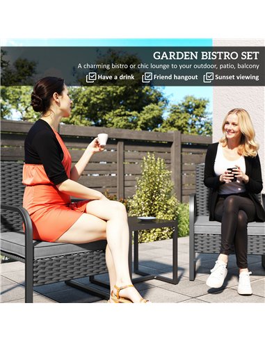 Outsunny Rattan Bistro Set, 3 Piece Garden Furniture Set with Cushions and Glass Top Table, Black