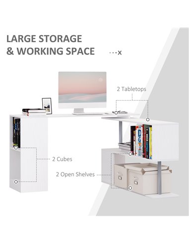 HOMCOM 360 Degree Rotating Corner Desk Storage Shelf Combo Laptop Workstation Wood L Shaped Table Home Office - White