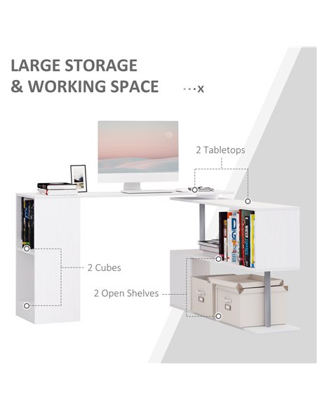HOMCOM 360 Degree Rotating Corner Desk Storage Shelf Combo Laptop Workstation Wood L Shaped Table Home Office - White - pic 19856 | FastDaddyshop