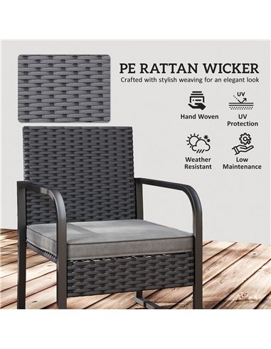 Outsunny Rattan Bistro Set, 3 Piece Garden Furniture Set with Cushions and Glass Top Table, Black