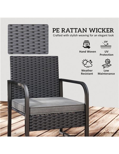 Outsunny Rattan Bistro Set, 3 Piece Garden Furniture Set with Cushions and Glass Top Table, Black - pic 198560 | FastDaddyshop