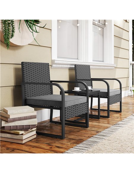 Outsunny Rattan Bistro Set, 3 Piece Garden Furniture Set with Cushions and Glass Top Table, Black - pic 198564 | FastDaddyshop