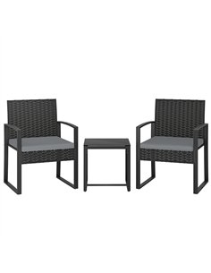 Outsunny Rattan Bistro Set, 3 Piece Garden Furniture Set with Glass Top Table and Cushions, Light Grey