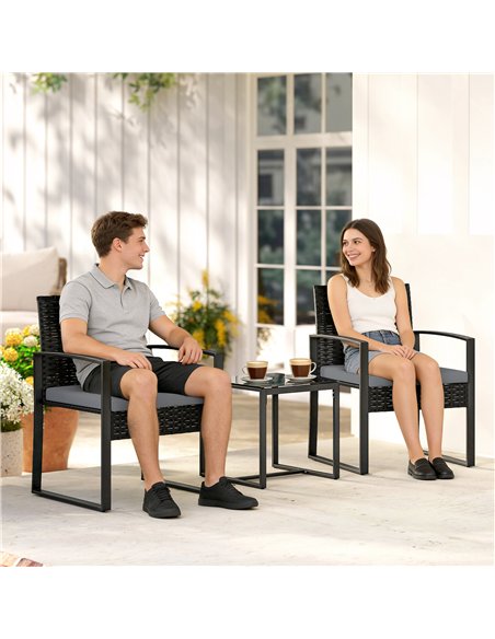 Outsunny Rattan Bistro Set, 3 Piece Garden Furniture Set with Glass Top Table and Cushions, Light Grey - pic 198566 | FastDaddyshop