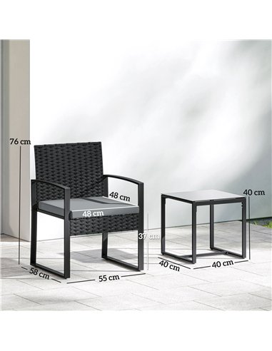 Outsunny Rattan Bistro Set, 3 Piece Garden Furniture Set with Glass Top Table and Cushions, Light Grey