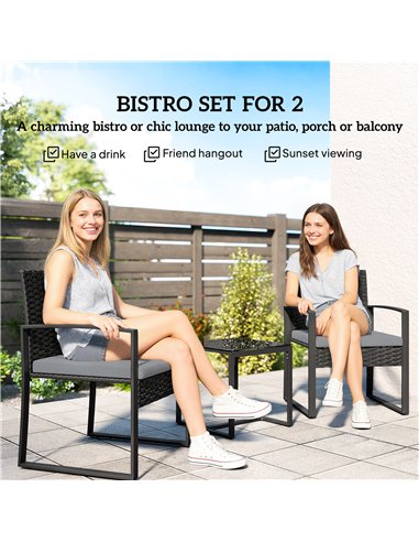 Outsunny Rattan Bistro Set, 3 Piece Garden Furniture Set with Glass Top Table and Cushions, Light Grey