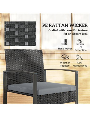 Outsunny Rattan Bistro Set, 3 Piece Garden Furniture Set with Glass Top Table and Cushions, Light Grey