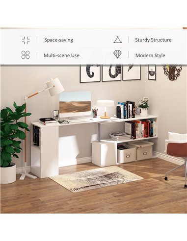 HOMCOM 360 Degree Rotating Corner Desk Storage Shelf Combo Laptop Workstation Wood L Shaped Table Home Office - White