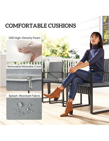 Outsunny Rattan Bistro Set, 3 Piece Garden Furniture Set with Glass Top Table and Cushions, Light Grey