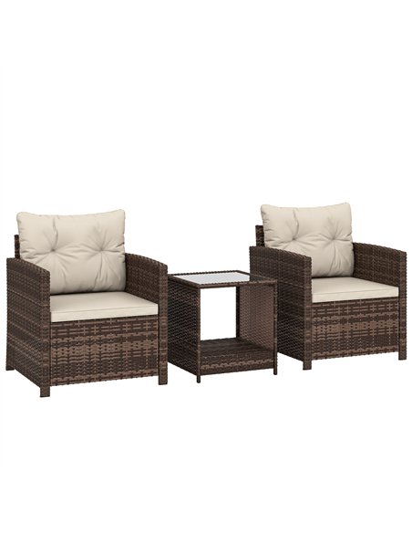 Outsunny Rattan Bistro Set, 3 Piece Garden Furniture Set with 2 Tier Glass Top Table and Cushions, Mixed Brown - pic 198574 | FastDaddyshop