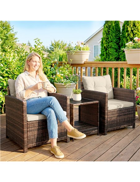 Outsunny Rattan Bistro Set, 3 Piece Garden Furniture Set with 2 Tier Glass Top Table and Cushions, Mixed Brown - pic 198575 | FastDaddyshop