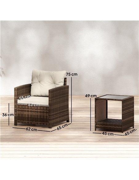 Outsunny Rattan Bistro Set, 3 Piece Garden Furniture Set with 2 Tier Glass Top Table and Cushions, Mixed Brown - pic 198576 | FastDaddyshop
