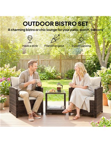 Outsunny Rattan Bistro Set, 3 Piece Garden Furniture Set with 2 Tier Glass Top Table and Cushions, Mixed Brown