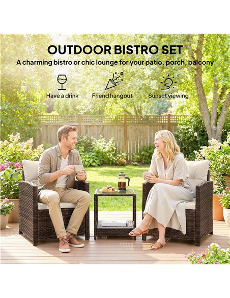 Outsunny Rattan Bistro Set, 3 Piece Garden Furniture Set with 2 Tier Glass Top Table and Cushions, Mixed Brown - pic 198577 | FastDaddyshop
