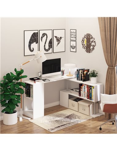HOMCOM 360 Degree Rotating Corner Desk Storage Shelf Combo Laptop Workstation Wood L Shaped Table Home Office - White