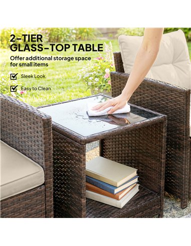 Outsunny Rattan Bistro Set, 3 Piece Garden Furniture Set with 2 Tier Glass Top Table and Cushions, Mixed Brown