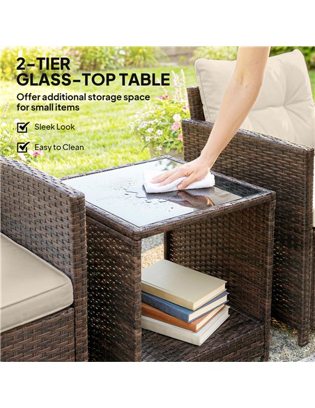 Outsunny Rattan Bistro Set, 3 Piece Garden Furniture Set with 2 Tier Glass Top Table and Cushions, Mixed Brown - pic 198580 | FastDaddyshop