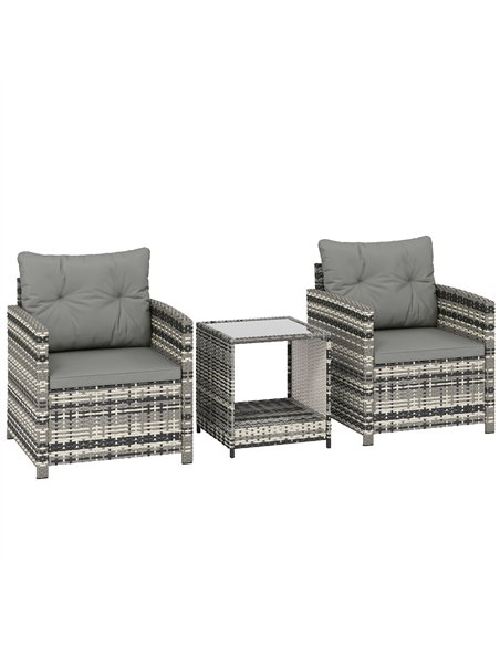 Outsunny Rattan Bistro Set, 3 Piece Garden Furniture Set with 2 Tier Glass Top Table and Cushions, Mixed Grey - pic 198583 | FastDaddyshop