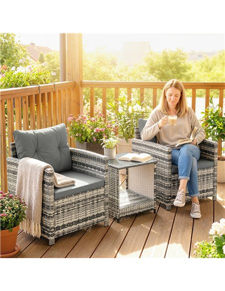 Outsunny Rattan Bistro Set, 3 Piece Garden Furniture Set with 2 Tier Glass Top Table and Cushions, Mixed Grey - pic 198584 | FastDaddyshop