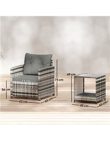 Outsunny Rattan Bistro Set, 3 Piece Garden Furniture Set with 2 Tier Glass Top Table and Cushions, Mixed Grey