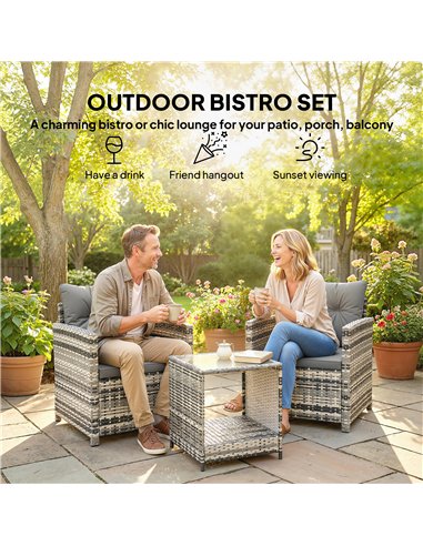 Outsunny Rattan Bistro Set, 3 Piece Garden Furniture Set with 2 Tier Glass Top Table and Cushions, Mixed Grey