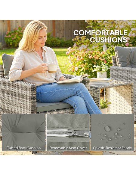 Outsunny Rattan Bistro Set, 3 Piece Garden Furniture Set with 2 Tier Glass Top Table and Cushions, Mixed Grey - pic 198588 | FastDaddyshop