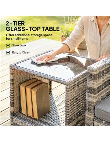 Outsunny Rattan Bistro Set, 3 Piece Garden Furniture Set with 2 Tier Glass Top Table and Cushions, Mixed Grey