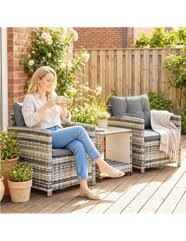 Outsunny Rattan Bistro Set, 3 Piece Garden Furniture Set with 2 Tier Glass Top Table and Cushions, Mixed Grey